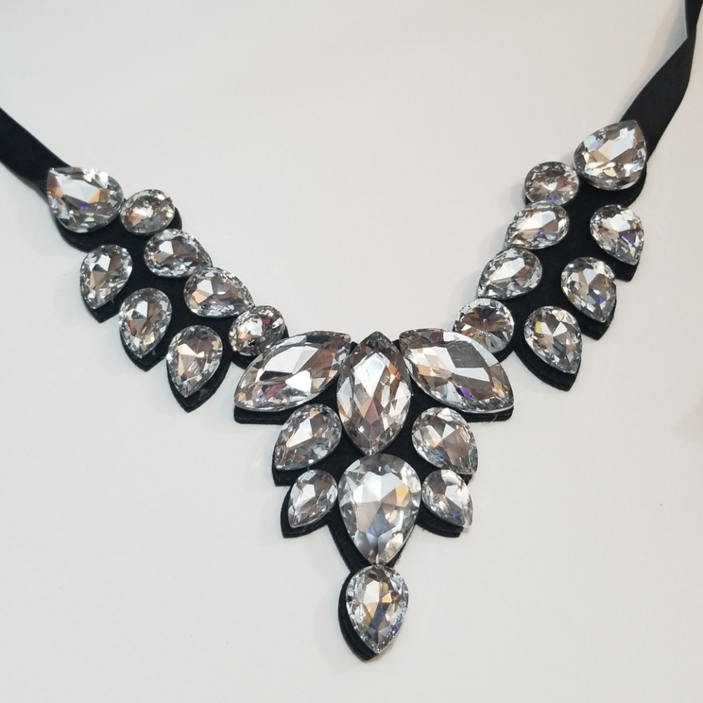 Rhinestone Statement Necklace w/ black ribbon